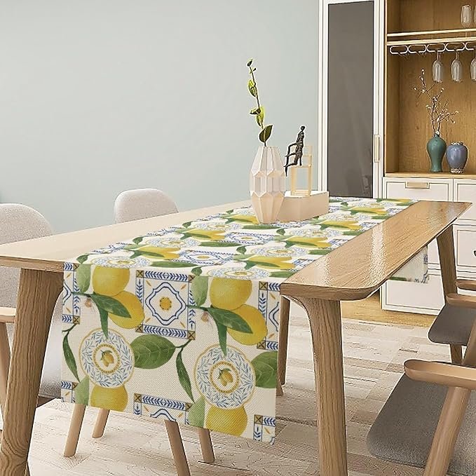 Tiles Lemon Table Runner, Watercolor Italian Tile Floral Plant Print Table Runner for Farmhouse Coffee Home Kitchen Dining Outdoor Party 13x70in