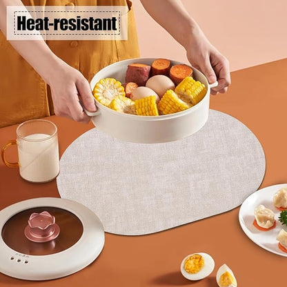 Table Placemats Set of 6 Oval,Beige Faux Leather Placemat Waterproof Reversible,Non Slip Heat Resistant Wipeable Kitchen Placemats for Dining Table,Modern Table Protectors