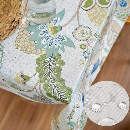 Spring Table Cloth for Rectangle Table, Washable Waterproof Tablecloth, Polyester-Linen Print Table Cover for Dining, Outdoor, Picnic, Farmhouse - 72''x54'' - Green Flowers