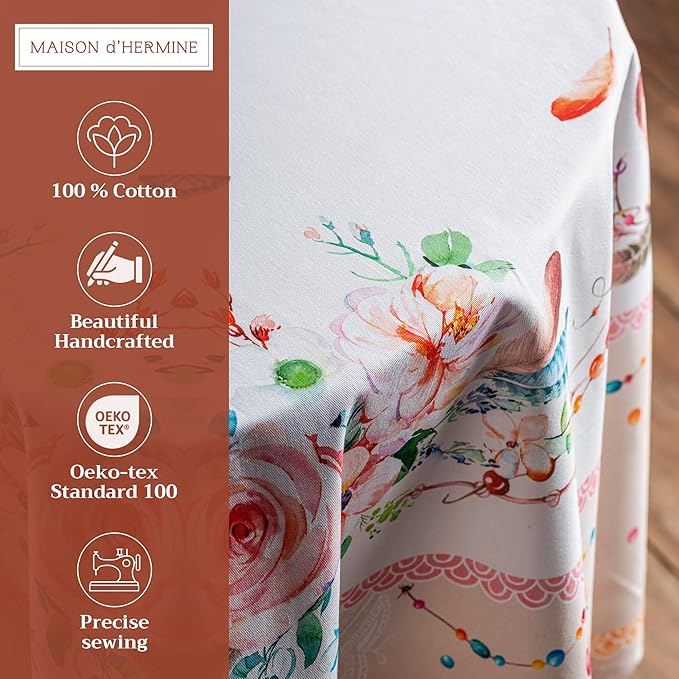 Maison d' Hermine Table Cloth Round Table 100% Cotton 69 Inches Tablecloth Reusable Decorative Everyday Use for Dining Room, Farmhouse, Home, Party, Festive & Wedding Spring Summer - Ibiza - Beige