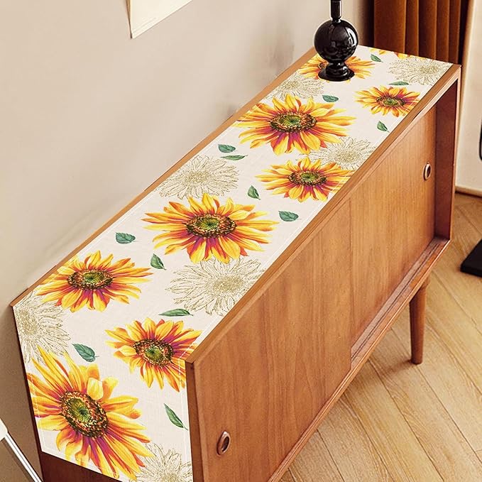 Summer Table Runner, Watercolor Yellow Floral Vase Spring Sunshine Farmhouse Rustic Coffee Table Center Decor for Home Kitchen Dining Patio Indoor Outdoor Table Decorations, 13"x90" Inch