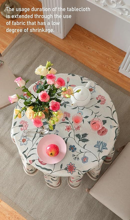 ISAENNE Designer Chinoiserie Linen Floral Small Round Tablecloth,White Wrinkle Resistant Table Cloth,Elegant Decor Tablecloths for Dining Thanksgiving Kitchen Christmas,Diameter 55"-Daffy