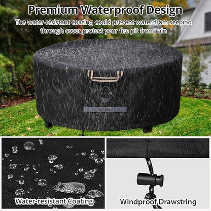 QH.HOME Fire Pit Cover Round Super Waterproof, 28" D X 16" H Outdoor Round Firepit Cover 600D Strong Tear Resistant, UPF 50+ Fire Pit Covers Premium Fading Resistant for Outdoor Fire Pit - Black
