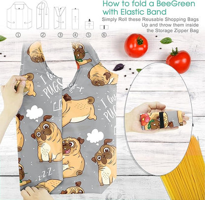BeeGreen Dog Lover Gifts for Women Animals Reusable Grocery Bags Shopping Bags Bulk 6 Pack 50LBS X-Large Foldable-Machine Washable Shepherd Collie Bulldog Dog Paws Pet Bags