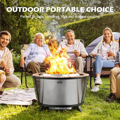 29” Large Capacity Smokeless Fire Pit for Outside,Heavy‑Duty Wood Burning Firepit with Dual‑Wall Design, Mesh Shield, Pull‑Out Ash Pan, Stylish Patio for Backyard Gatherings