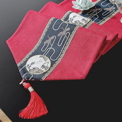 Embroidered Tassel Table Runner Chinese Style Landscape Painting Waterproof Cotton Linen Holiday Kitchen Dining Table Decoration for Home Party Decor 13x72 Inch (Rad)