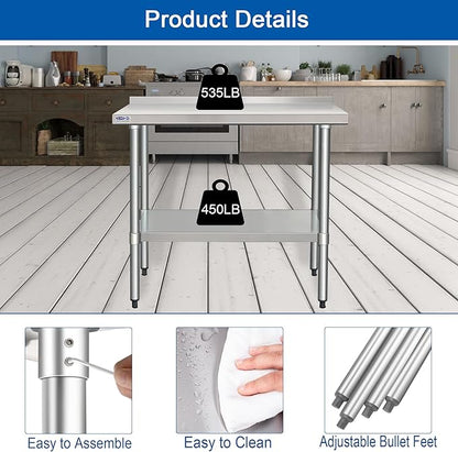 HARDURA Stainless Steel Table with Backsplash Metel Prep Table Commercial Kitchen Workbench 24x48 Inches NSF