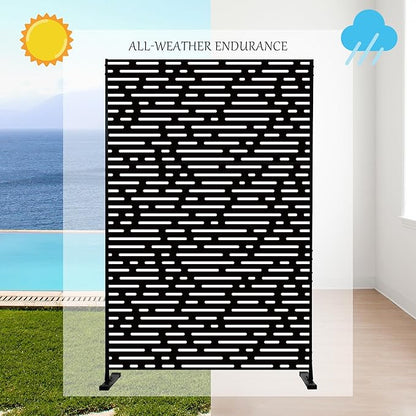 Kozyard Metal Privacy Screen 74" H x 47.2" W Decorative Outdoor Divider with Stand Panels Freestanding Screen Set for Deck Patio Balcony Garden Outdoor&Indoor (Black/Dotted Line)