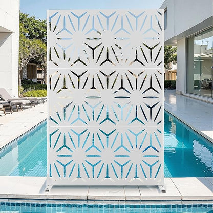 Metal Privacy Screen for Outdoor & Indoor Use, Free Standing Privacy Screen for Patio Garden Pool, 72" H x 47" W Decoative Privacy Panels, Weather Resistant, Easy Assembly (White Star)
