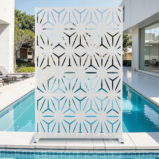 Metal Privacy Screen for Outdoor & Indoor Use, Free Standing Privacy Screen for Patio Garden Pool, 72" H x 47" W Decoative Privacy Panels, Weather Resistant, Easy Assembly (White Star)