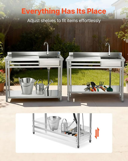 VEVOR Stainless Steel Utility Sink, Free Standing Single Bowl Commercial Kitchen Sink with Faucet, Utility Left Basin Workbench with Hot & Cold Water Pipe for Garage Restaurant Laundry, 47x19.7x37 in