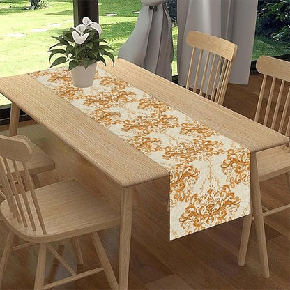 Damask Table Runner, Rustic Gold Gothic Boho Floral Flower Baroque Style Antique Vintage Retro Coffee Table Center Decor for Kitchen and Dining Outdoor Home Country Party Table Decorations, 13"x36"