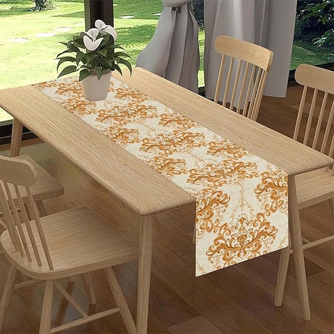 Damask Table Runner, Rustic Gold Gothic Boho Floral Flower Baroque Style Antique Vintage Retro Coffee Table Center Decor for Kitchen and Dining Outdoor Home Country Party Table Decorations, 13"x90"