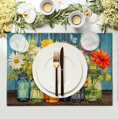 Rustic Daisy Placemats Set of 4 Vintage Flower Vases Wood Grain Linen Table Mats 12x18 Inch Summer Floral Wooden Board Farmhouse Washable Place Mat for Party Kitchen Dining Outdoor Indoor Decor