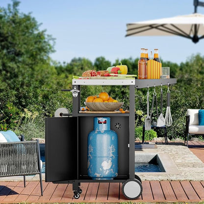 ROOMTEC Outdoor Grill Cart with Storage,Movable Modular BBQ Cart,Waterproof Patio Kitchen Island with Hooks and Spice Rack,Bar Patio Kitchen Island Prep Stand Cabinet with Cover