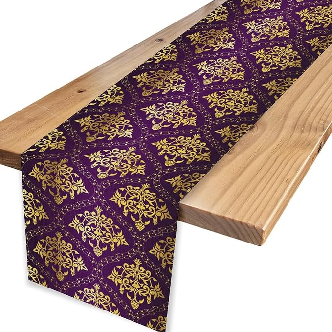 Vintage Table Runner, Retro Antique Gothic Purple Damask Floral Flower Pattern Classic Boho Coffee Table Center Decor for Kitchen and Dining Outdoor Home Country Party Table Decorations, 13"x90"