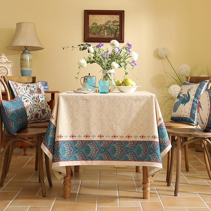 Vintage Beige Linen Long Rectangle Tablecloth,Paisley Farmhouse Feather Floral Pattern Table Cloth,Decor Table Cover for Kitchen,Dining,Thanksgiving,Christmas,63"*94"-Dorodango F