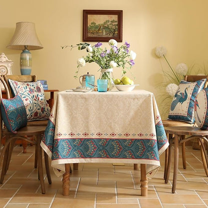 Vintage Beige Linen Rectangle Tablecloth,Paisley Farmhouse Feather Floral Pattern Table Cloth,Decor Table Cover for Kitchen,Dining,Thanksgiving,Christmas,55"*87"-Dorodango F