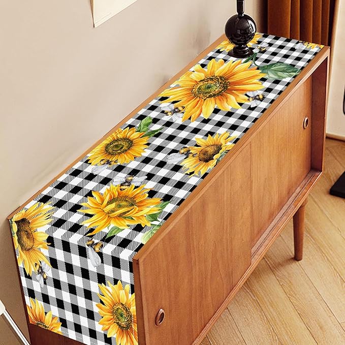 Sunflower Table Runner, Baffalo Plaid Summer Fall Yellow Florals Rustic Farmhouse Country Bumble Bee Coffee Table Center Decor for Home Kitchen Dining Patio Indoor Outdoor Decorations, 13"x108" Inch