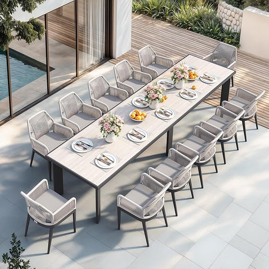 PURPLE LEAF 13 Pieces Patio Dining Set Aluminum Modern Rectangular Table and Rattan Arm Chairs with Cushions for Kitchen Porch Garden Outdoor Furniture Sets, Beige and Dark Grey