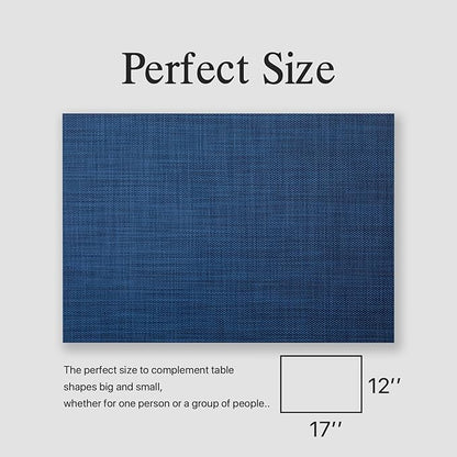 Placemats Set of 4 - Easy Clean Woven Vinyl Placemats for Dining Table, Indoor/Outdoor Place Mats, Washable PVC Table Mats（Navy Blue）