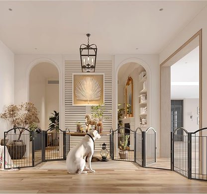 BHG Metal No-Assembly Freestanding Dog Gate with Door Walk Through, Extra Wide 96", Extra Tall 32" Pet Gate, Accordion Puppy Folding Playpen Dog Fence, with 2PCS Support (Black, 4 Panels)