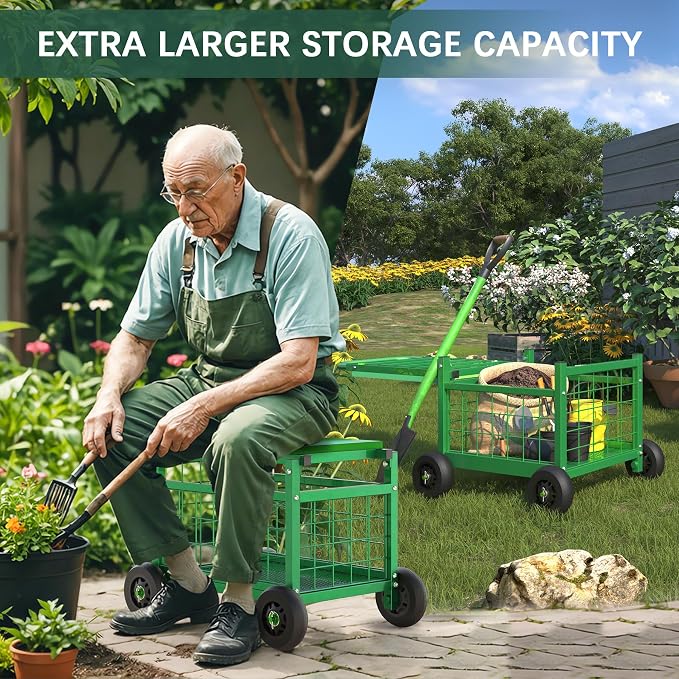Garden Cart with Seat, 3-in-1 Rolling Seat with Wheels - Image 4