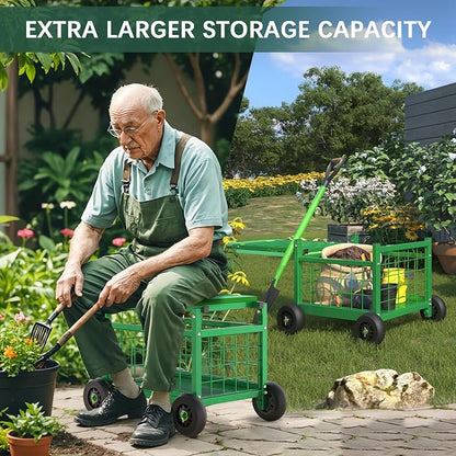 Garden Cart with Seat, 3-in-1 Rolling Seat with Wheels - Image 4