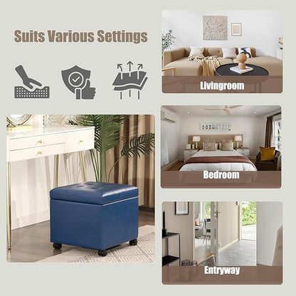 Homebeez Faux Leather Storage Ottoman with Steerable Rolling Wheels, 17.7" Square Small Foot Rest Stool Tufted Cube Footstool with Hinged Lid, Load 300 lb, for Living Room, Bedroom, Entryway, Blue