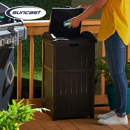 Suncast 5 Pack 33 Gallon Durable Plastic Hideaway Outdoor Garbage Can with Secure Lid & Wicker Design for Home Backyards, Decks, or Patios, Java Brown