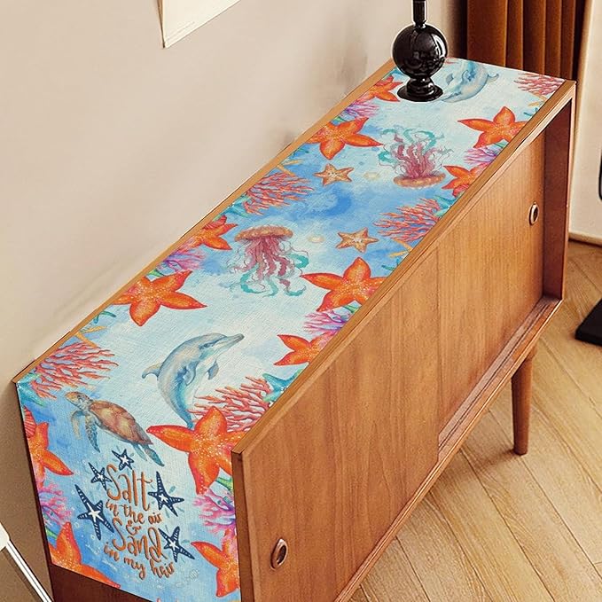 Summer Ocean Table Runner, Blue Sea Coastal Nautical Starfish Turtle Dolphin Seashell Undersea Table Runner Seasonal Holiday Home Kitchen Dining Table for Home Party Decor 13"x36"