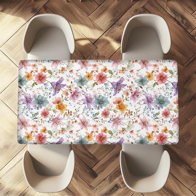 Rectangle Table Cloth Cover Waterproof Elastic Fitted Polyester Fitted Tablecloths for 4 Foot Tables for Indoor,Picnic, Camping, Outdoor （48" x 30"，Flower）