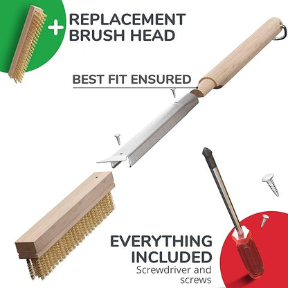 26” Pizza Oven Brush with Stone Scraper - Heat Resistant Stainless Steel Bristles, Extra Long Handle - Compatible with Ooni Ovens - Includes Spare Head