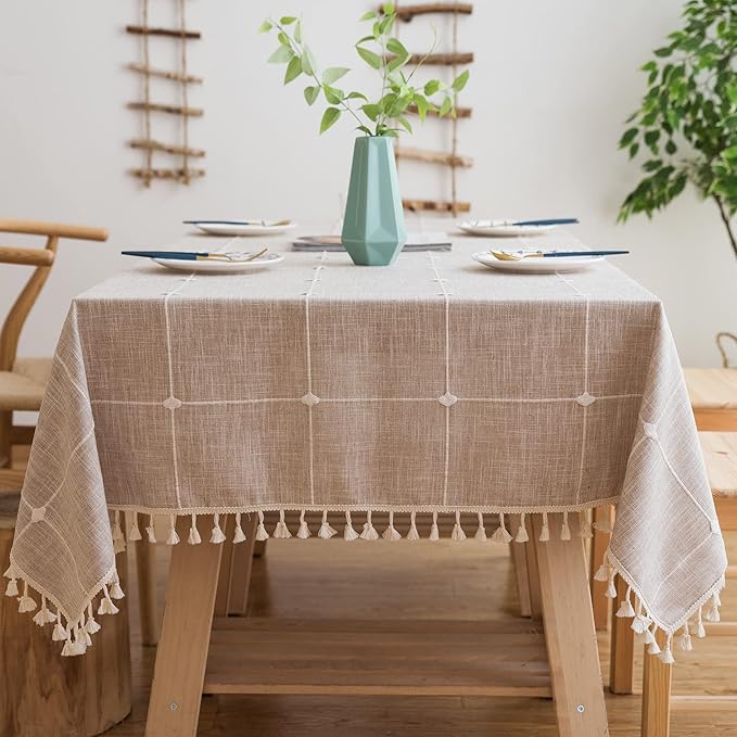 Pahajim Rustic Linen Tablecloth Cotton Rectangle Table Cloth for Kitchen Dining with Tassel Plaid Waterproof Tablecloths Rectangle/Oblong,55''x94'', 6-8 Seats