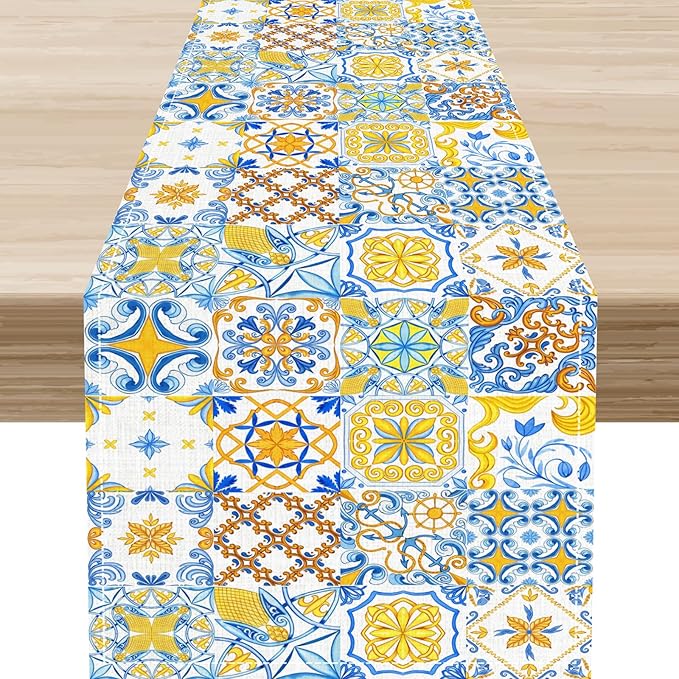 Mexican Table Runner, Blue Rustic Mexico Talavera Ceramic Dia De Los Muertos Coffee Table Center Decor for Family Home Kitchen and Dining Farmhouse Indoor Outdoor Table Decorations, 13" X 72"