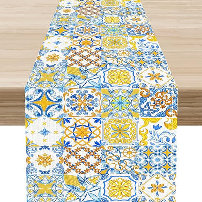 Mexican Table Runner, Blue Rustic Mexico Talavera Ceramic Dia De Los Muertos Coffee Table Center Decor for Family Home Kitchen and Dining Farmhouse Indoor Outdoor Table Decorations, 13" X 72"
