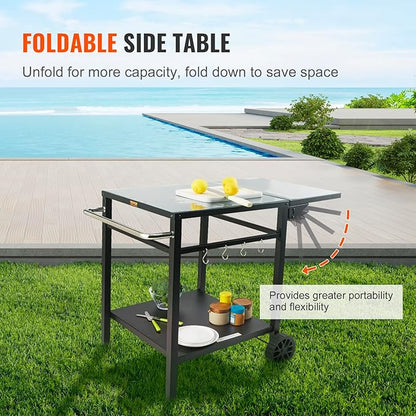 VEVOR Outdoor Grill Dining Cart with Double-Shelf, BBQ Movable Food Prep Table, Multifunctional Foldable Iron Table Top, Portable Modular Carts for Pizza Oven, Worktable with 2 Wheels, Carry Handle