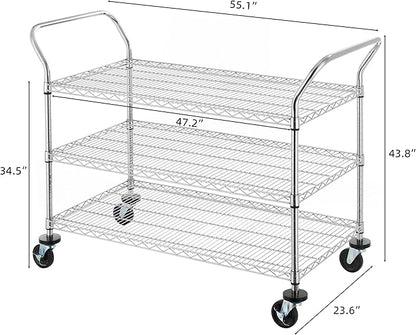 Finnhomy 3-Tier Commercial Grade Rolling Cart, Heavy Duty Utility Carts with Wheels and Handles, Kitchen Trolly on Wheels, Metal Serving Shelves with 700 lbs Capacity, Shelf Size 24" D x 48" W, NSF