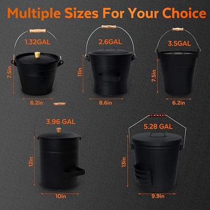 Ash Bucket with Lid and Shovel, 2.6 Gallon Metal Fireplace Ash Bucket with Broom, Complete Fireplace Tools Set for Wood Stove and Fireplace
