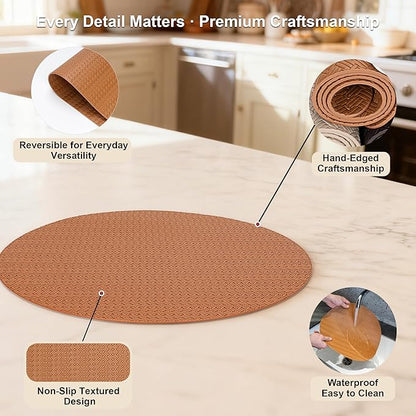 Round Faux Leather Placemats Set of 6 – 13 Inch Vinyl Mats, Heat Resistant, Non Slip, Wipeable & Washable, Easy to Clean Dining Table Decor for Kitchen & Holiday Gatherings – Cinnamon Brown