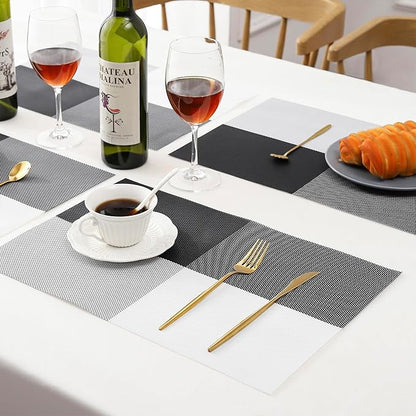 Leetaltree Gray with White Grid Pattern Placemats Set of 4 - Heat Resistant Non-Slip Place mats for Dining Table, Washable Durable PVC Vinyl Woven Table Mats（Grey Grid, 4）