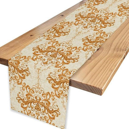Damask Table Runner, Rustic Gold Gothic Boho Floral Flower Baroque Style Antique Vintage Retro Coffee Table Center Decor for Kitchen and Dining Outdoor Home Country Party Table Decorations, 13"x108"