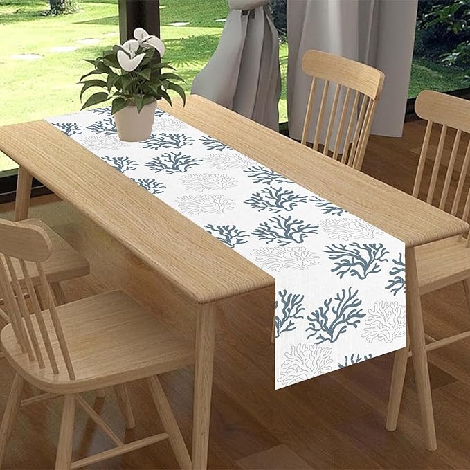 Coastal Table Runner, Summer Seasonal Beach Coral Nautical Tropical Ocean Marine Farmhouse Rustic Coffee Table Center Decor For Home Kitchen Dining Patio Indoor Outdoor Table Decoration, 13"x108" Inch