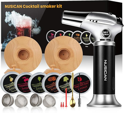 Cocktail Smoker Kit with Torch, 6 Flavors Wood Chips for Whiskey and Bourbon, Old Fashioned Smoker Kit for Infused Cocktail, Cheese, Salad and Meats, Gifts for Men, Dad and Boyfriend (No Butane)