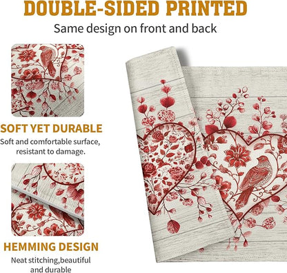 Valentine Wooden Heart Placemats Set of 4, 12x18 Inch Valentines Chinoiserie Red Floral Dining Table Placemats Heat Resistant Washable Table Mats for Kitchen Dining Holiday Indoor
