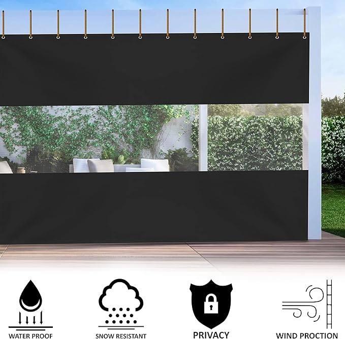 Covers & All Outdoor Clear Panel Curtain, 12 oz Vinyl Outdoor Curtains for Patio, Weather Resistant Waterproof Tarp with Brass Grommets for Pergola, Porch, Gazebos, Balcony (9'H x 10'W Feet, Black)