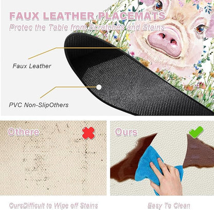 Flower Pig Placemats Set of 4 - Faux Leather Heat Resistant Placemats for Dinner Table, Non-Slip Waterproof Oil-Proof Washable Reusable Placemat for Indoor Outdoor Kitchen Decor, 15.75In*11.81In