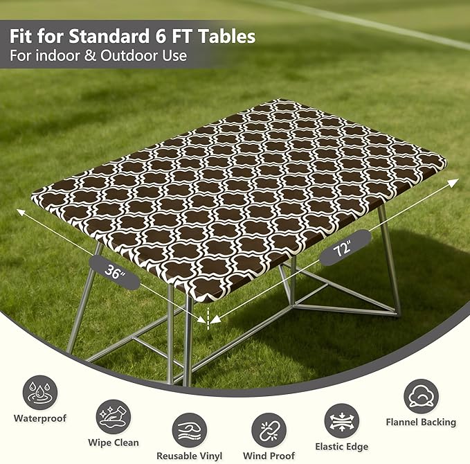 Rectangle Picnic Table Cloth, Elastic Waterproof Fitted Vinyl Tablecloths for 6 Foot Tables, Wipeable Flannel Backed Table Covers for Dining, Camping, Outdoor(Black,36"x72")