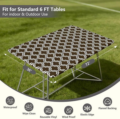 Rectangle Picnic Table Cloth, Elastic Waterproof Fitted Vinyl Tablecloths for 6 Foot Tables, Wipeable Flannel Backed Table Covers for Dining, Camping, Outdoor(Black,36"x72")
