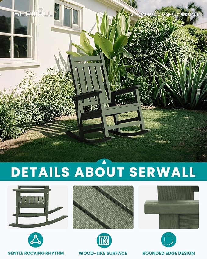 SERWALL Outdoor Rocking Chair for Adults, Avocado Green | 21.1" Widened Seat - Image 3